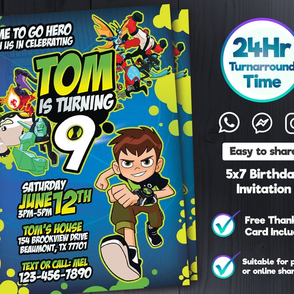 Invitación de Ben 10, Tarjeta de cumpleaños de Ben 10, Entrada de cumpleaños personalizable, Archivo digital de LuisMiAnd