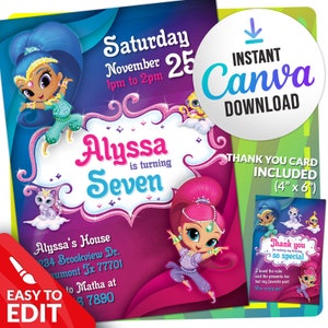 Shimmer and Shine-uitnodiging op Canva, Ben 10-verjaardag, Shimmer and Shine-verjaardagsfeest bewerkbare kaart, digitaal bestand