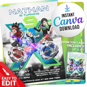 Invito Beyblade X su Canva, compleanno Beyblade X, biglietto personalizzabile per festa di compleanno Beyblade X, file digitale