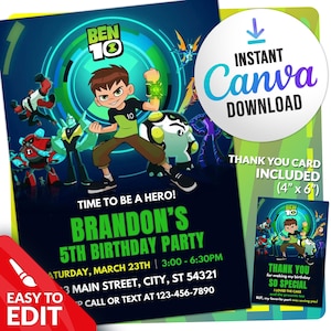 Ben 10 Einladung auf Canva, Ben 10 Geburtstagskarte, Ben 10 Geburtstagsparty anpassbare Karte, digitale Datei