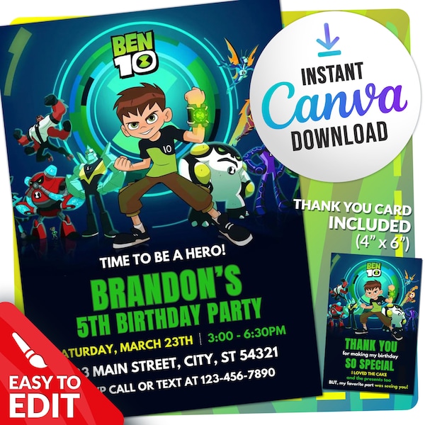 Ben 10 Invitation, Printable Birthday Party Invitations, Ben 10 invites Digital, Kids Party Invite Template, Ben 10 Bday Card