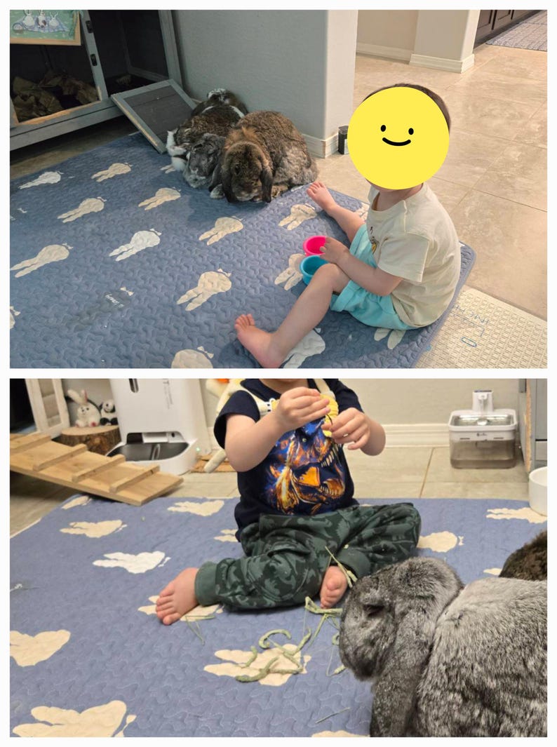 May include: A blue mat with white rabbit shapes, with a child and several rabbits. The child is sitting on the mat, playing with toys. The rabbits are resting near the child. The mat is on a tile floor.