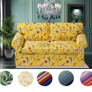 Handmade Ektorp Loveseat sofa covers in Yellow Floral pattern cotton fabric,Covers comes with free pet mat,covers fit Ektorp 2 seat sofa