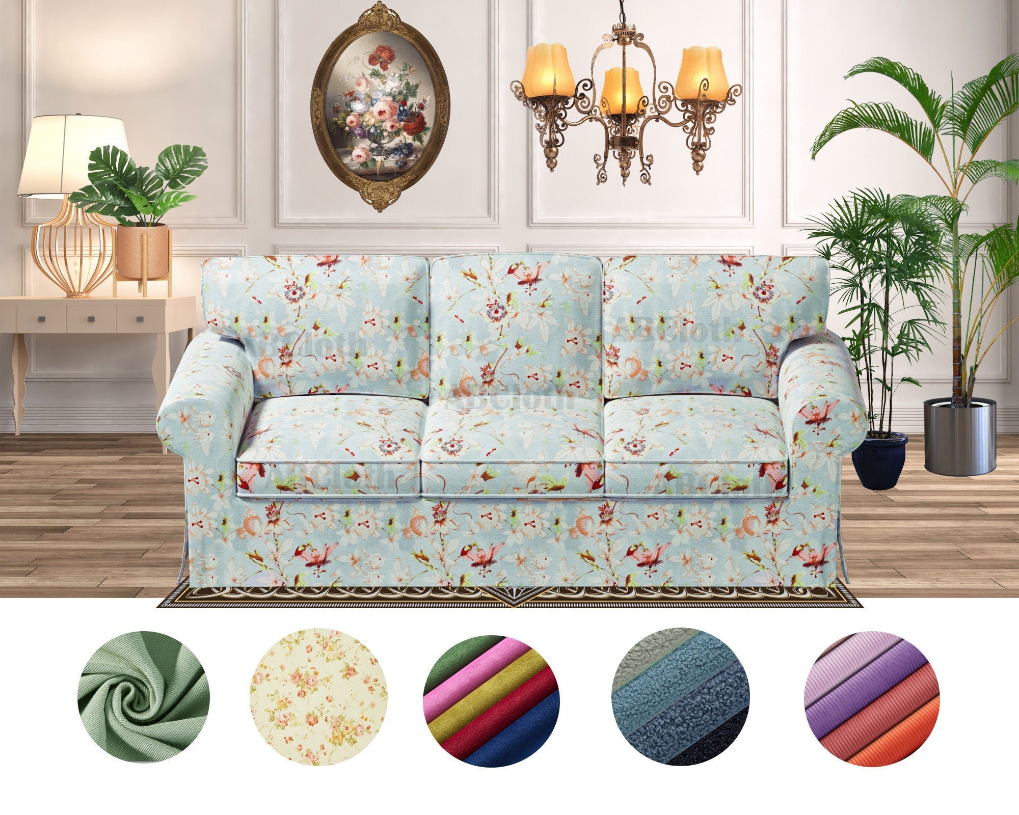 Ektorp 3 seat sofa covers in floral pattern fabrics, Cover comes with free pet mat, Custom made covers fit Ektorp 3 seat sofa