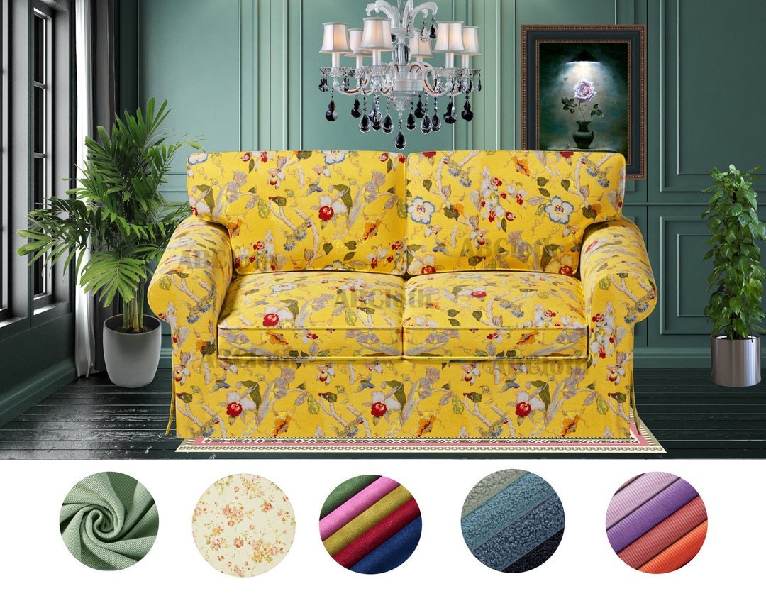 Handmade Uppland Loveseat Sofa Covers in Yellow Floral Pattern Cotton