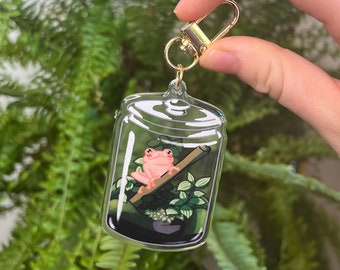 Frog Terrarium Jar Clear Acrylic Keychain Charm || Cottagecore Keyring Accessory Cute Illustration Cottagecore Kawaii Digital Art Gift