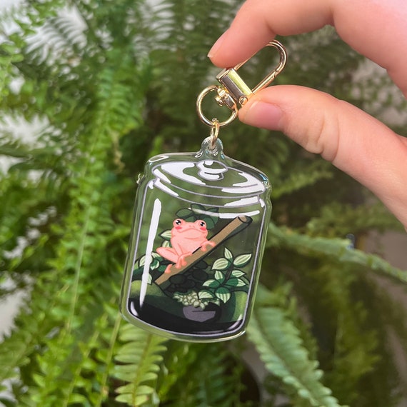 Keychain Frog Terrarium Jar Clear Acrylic Charm || Cottagecore