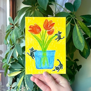 Postal A6 Gatos entre tulipanes Impresión artística mate // Pintura al óleo pastel Ilustración Decoración Arte Regalo Gatitos Flores Brillante Linda Textura