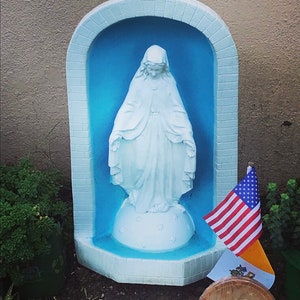25" Grotto granite/blue w/ WHITE IMMACULATA STATUE – Outdoor/Indoor Catholic Statue | All Weather / Long Lasting