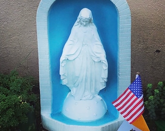 25" Grotto granite/blue w/ WHITE IMMACULATA STATUE – Outdoor/Indoor Catholic Statue | All Weather / Long Lasting