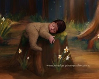 Digital backdrop for Newborn Photography. Forest backdrop composite, Dark neutral drop, Tushy up pose.