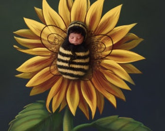 Sonnenblume mit Biene-Flügeln. Digitale Kulisse für Neugeborenen Fotografie, Fotografie, Requisiten. Baby Biene.