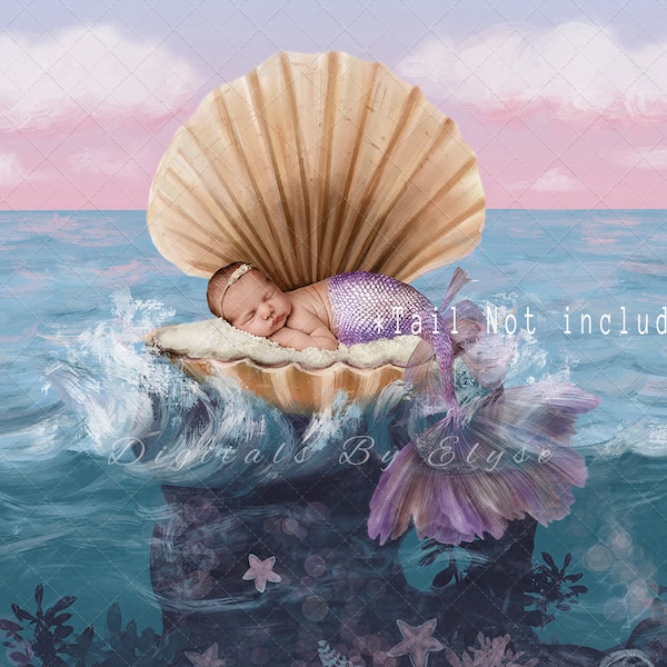 Mermaid Clam shell, 2 files for dark and Light. Digital Backdrop, Newborn Photography Background, Shell Ocean scene.