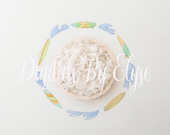 Tablas de surf pintadas a mano con acuarela. Fondo digital para fotografía de recién nacidos. Atrezo fotográfico. Tema de surf.