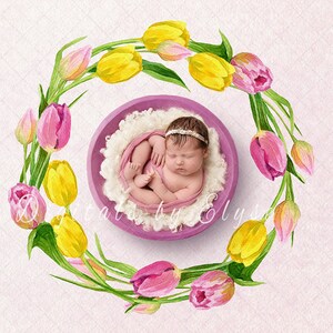 Spring Yellow and pink Tulips, Easter Backdrop for Newborn Photography, Digital backgrounds for Newborn Photography. Painted floral.