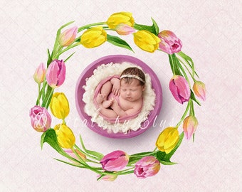 Yellow and pink Tulips, Backdrop for Newborn Photography, Digital backgrounds for Newborn Photography. Painted floral.