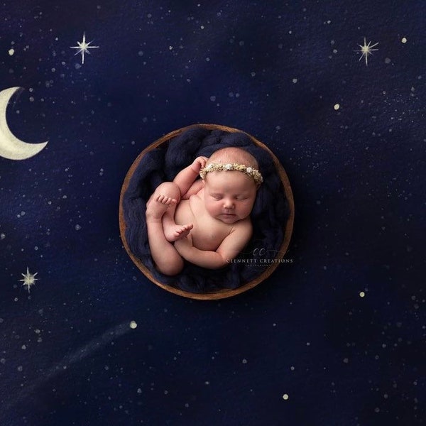 Stars and moon, Night sky with bowl. Digital backdrop for Newborn Photography. Composite background. Space theme.