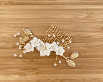 CELIA | Bridal Hair Comb | Gold Bridal Hair Comb | Flower Headpiece |  Pearl Bridal Hair Comb | Floral Hair Piece