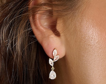 Dainty Diamond Bridal Drop Earrings • Marquise diamond Earrings • Elegant leaf drop Earrings • Perfect Wedding Jewelry • Bridesmaids Gift