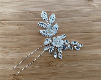 LYRA | Bridal Hair Pins | Silver Bridal Hair Pins |  Flower Headpiece | Crystal Bridal Hair Pins | Floral Hair Piece