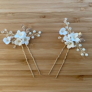 TANYA | Bridal Hair Pins | Gold Bridal Hair Pins | Clay Flower Headpiece | Pearl Bridal Hair Pins | Floral Hair Piece