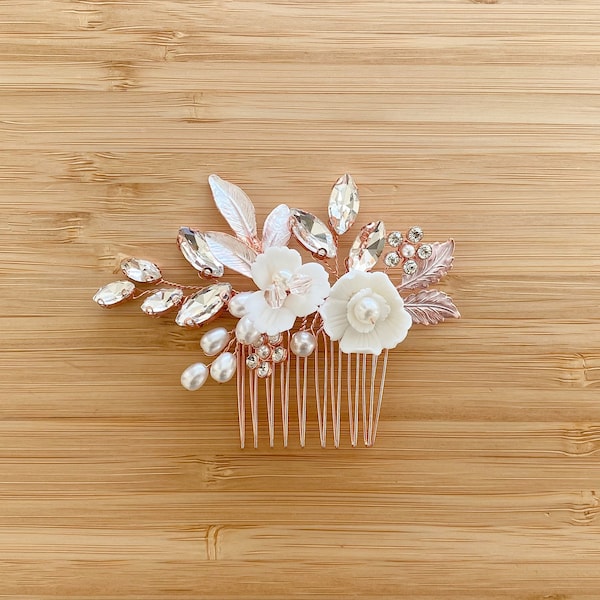 CAYLA| Bridal Hair Comb | Crystal Hair Comb |  Freshwater Pearl Bridal Hair Comb | Rose Gold Wedding Headpiece | Vintage Wedding Hair Comb