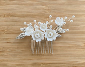 DARA | Bridal Hair Comb | Silver Bridal Hair Comb | Clay Flower Headpiece |  Pearl Bridal Hair Comb | Floral Hair Piece