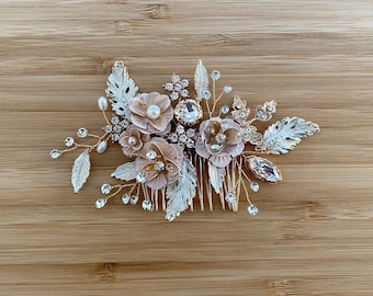 VICTORIA | Bridal Hair Comb | Gold Bridal Hair Comb | Blush Flower Headpiece |  Pearl Bridal Hair Comb | Floral Hair Piece