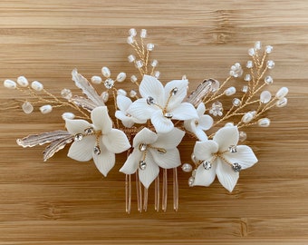 Gold Bridal Hair Comb | Clay Flower Pearl Headpiece | Wedding Hair accessories | Bride Jewelry Gift