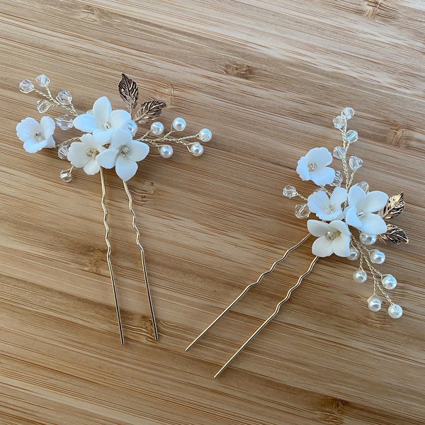 TANYA | Bridal Hair Pins | Gold Bridal Hair Pins | Clay Flower Headpiece | Pearl Bridal Hair Pins | Floral Hair Piece