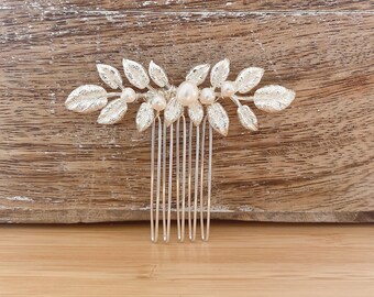 EVELIA | Bridal Hair Comb | Silver Freshwater Pearl  Bridal Hair Comb | Leaf Hair Comb | Silver leaves Hair Comb | Silver Wedding Headpiece