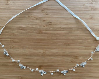 KRISTA | Bridal Hair Vine | Crystal Bridal Hair Vine | Ribbon Headband Halo | Silver Bridal Hair Vine | Crystal Pearl Hair Piece