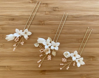 KAIA | Bridal Hair Pins | Gold Bridal Hair Pins | Clay Flower Headpiece |  Blush Pearl Bridal Hair Pins | Floral Hair Piece