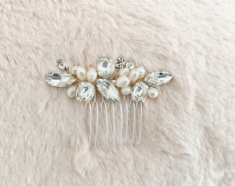 LAUREA | Bridal Hair Comb | Crystal Hair Comb |  Freshwater Pearl Bridal Hair Comb | Silver Wedding Headpiece | Vintage Wedding Hair Comb