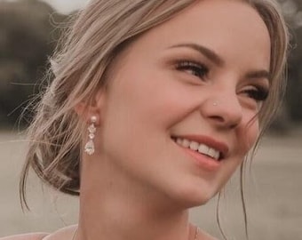HANIEL Crystal Pearl Bridal Drop Earrings • Floral Wedding Earrings • Wedding Zirconia Earrings • Sparkle Bridal Earrings • Bridal Earrings