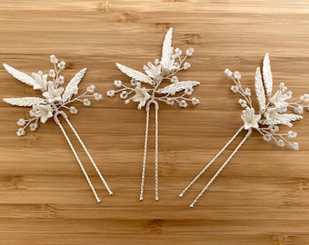 ROSA | Bridal Hair Pins | Silver Bridal Hair Pins | Clay Flower Headpiece | Leaves Bridal Hair Pins | Floral Hair Piece