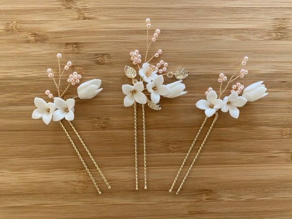 LilaSilkCo Gracia | Bridal Hair Pins | Gold Bridal Hair Pins | Clay Flower Headpiece | Pearl Bridal Hair Pins | Floral Hair Piece
