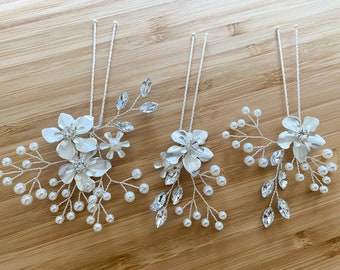 MAYA | Bridal Hair Pins | Silver Bridal Hair Pins |  Flower Headpiece | Crystal Bridal Hair Pins | Floral Hair Piece