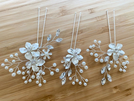 Braut-Hochzeits-Haarspangen Mit Kristall & Perlen - Handgefertigter Haarschmuck Für Frauen, Mit Blumen-Design