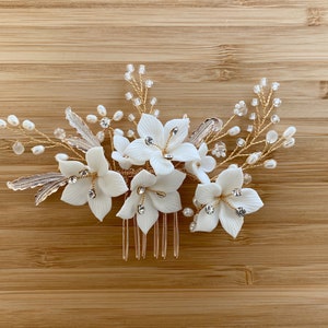 LIANA | Bridal Hair Comb | Gold Bridal Hair Comb | Clay Flower Headpiece |  Pearl Bridal Hair Comb | Floral Hair Piece