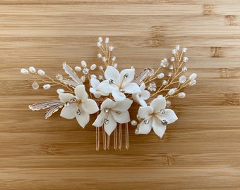 LIANA | Bridal Hair Comb | Gold Bridal Hair Comb | Clay Flower Headpiece |  Pearl Bridal Hair Comb | Floral Hair Piece