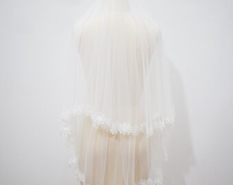LEANE | Floral lace Silk Soft Wedding Veil | Flower Lace Soft Bridal Veil | Double Layer Bridal Veil | Soft Ivory Veil |  Silk lace tulle