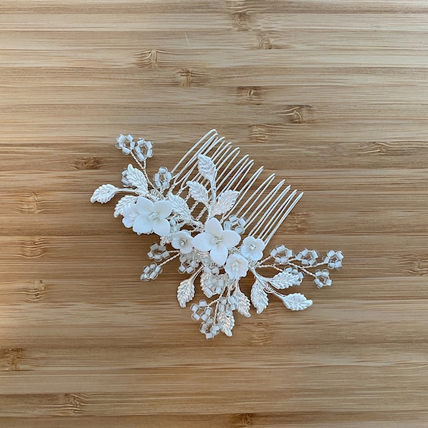 DELIA | Bridal Hair Comb | Silver Bridal Hair Comb | Clay Flower Headpiece |  Pearl Bridal Hair Comb | Floral Hair Piece