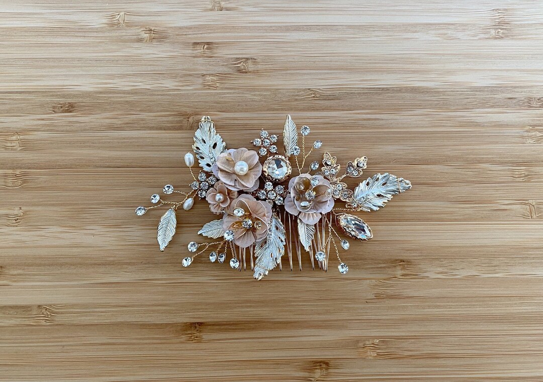 Gold Bridal Hair Comb | Blush Flowers, Pearls, Crystal  display picture 2