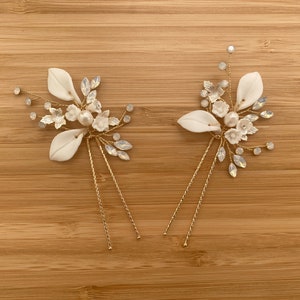 LilaSilkCo Gracia | Bridal Hair Pins | Gold Bridal Hair Pins | Clay Flower Headpiece | Pearl Bridal Hair Pins | Floral Hair Piece