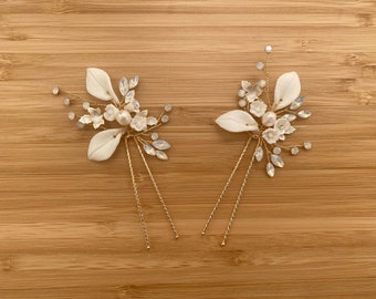 GRACIA | Bridal Hair Pins | Gold Bridal Hair Pins | Clay Flower Headpiece | Pearl Bridal Hair Pins | Floral Hair Piece