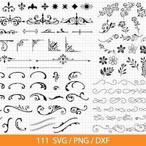 Textdekorationsset 3 Wirbellinien, Blumen, Schnörkel SVG/PNG/DXF Digitaler Download für Cricut