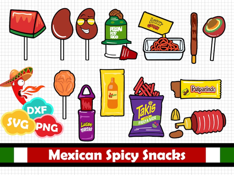 May include: A collection of colorful Mexican snacks, including watermelon candy, chili pepper candy, Takis, Lucas Muecas, Pulparindo, and other treats. The image includes the text "Mexican Spicy Snacks".