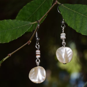 Pearl Dangle Earrings, Pearl and Shell Earrings, Pearl and Wood Earrings