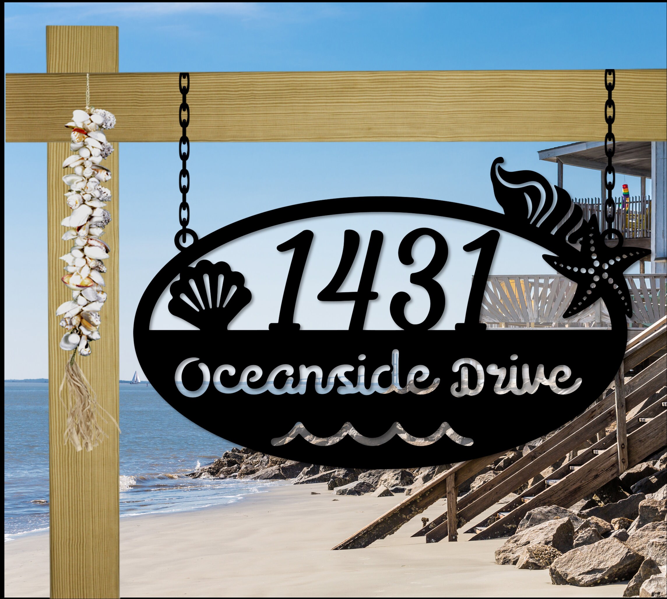 Hanging Beach House Address Sign Nautical Seashells Etsy